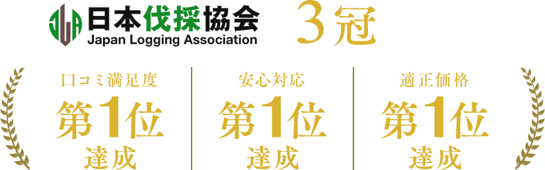 日本伐採協会は3冠達成!!口コミ満足度第1位達成。安心対応第1位達成。適正価格第1位達成。