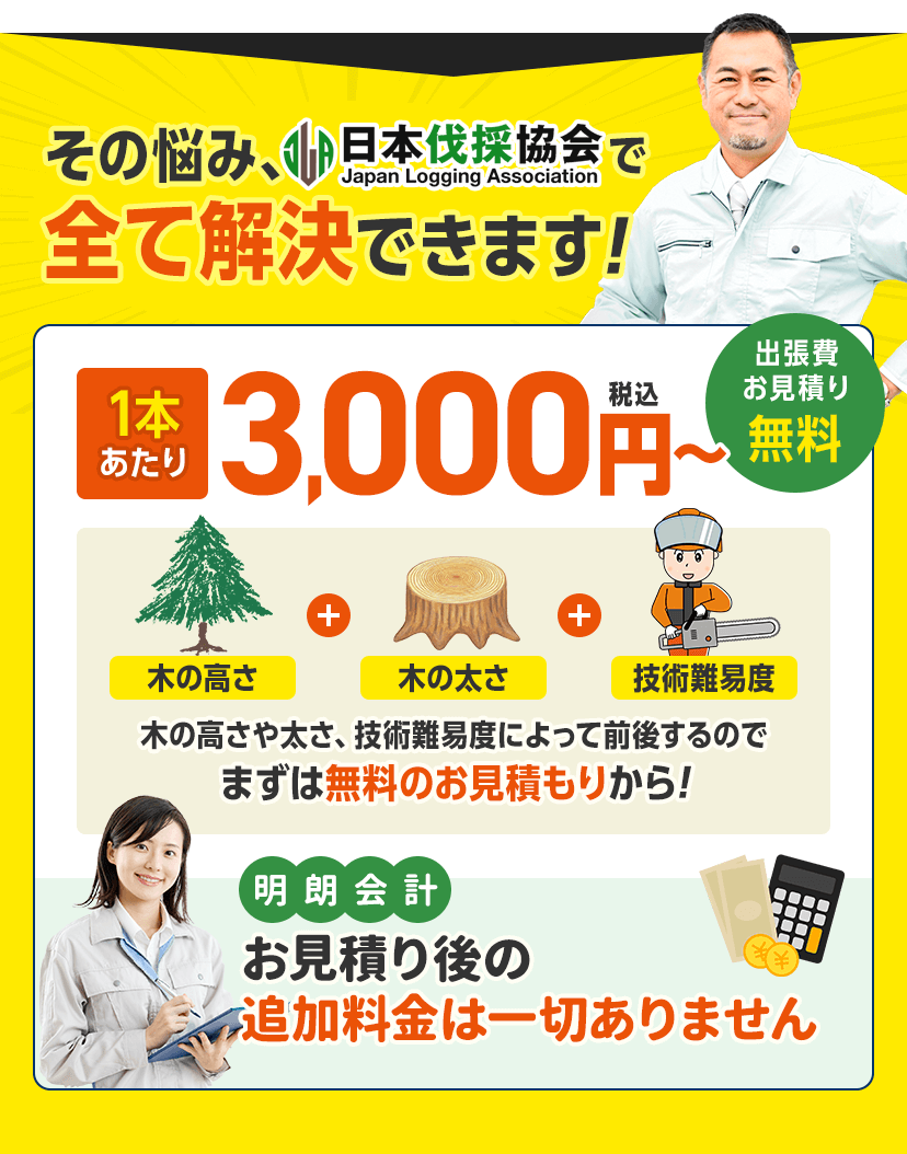 その悩み、日本伐採協会で全て解決できます！1本あたり3,000円~(税込)。出張費お見積り無料。木の高さや太さ、技術難易度によって前後するのでまずは無料のお見積もりから!お見積り後の追加料金は一切ありません